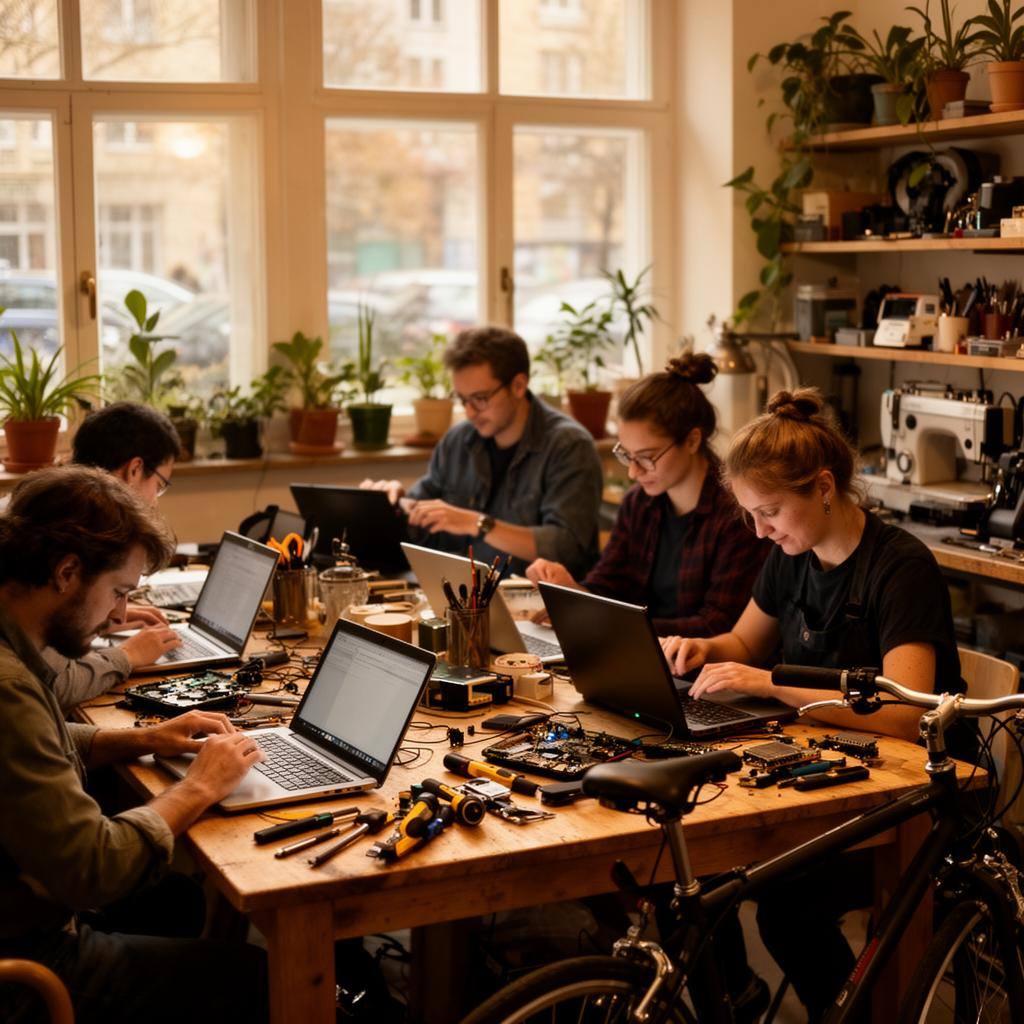Ehrenamtliche reparieren gemeinsam Laptop und Fahrrad in einem Berliner Repair Café.