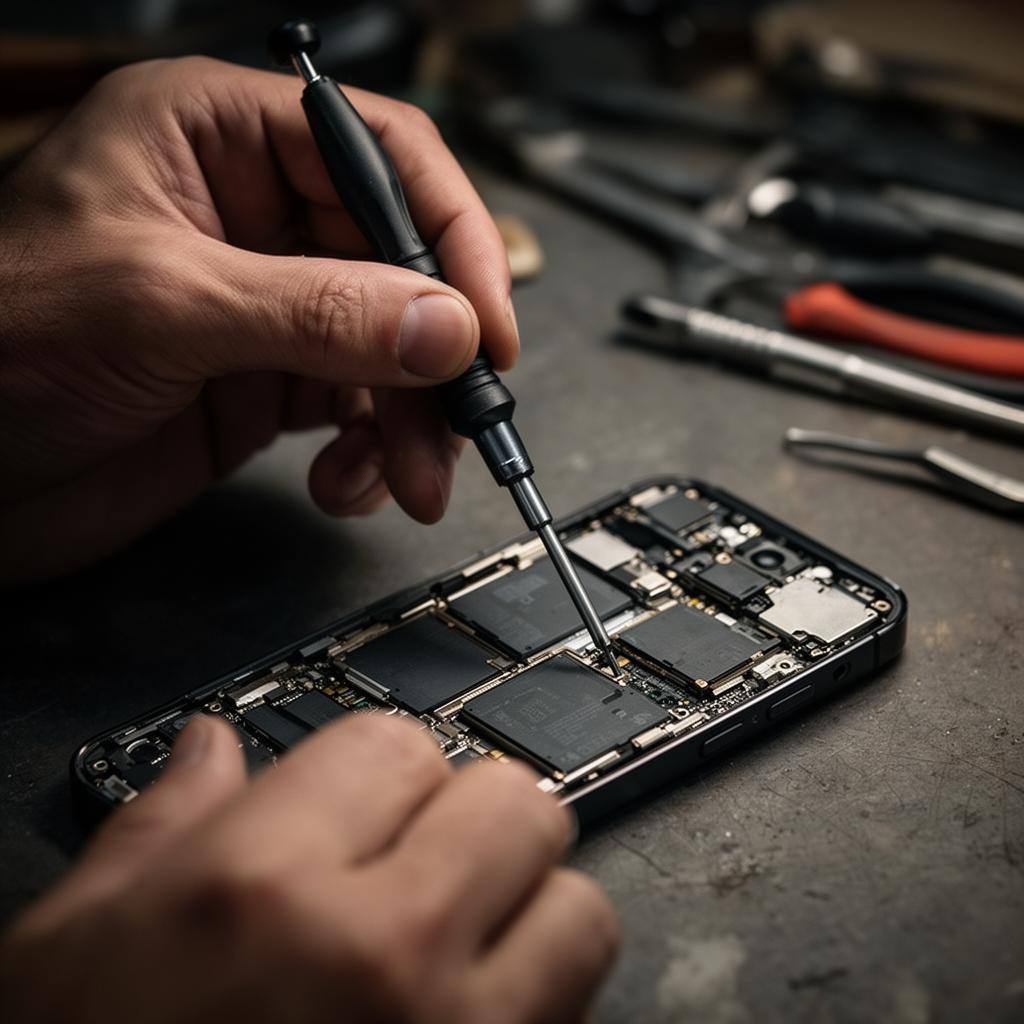 Hände öffnen mit Schraubendreher ein Smartphone und zeigen modulare Bauteile.