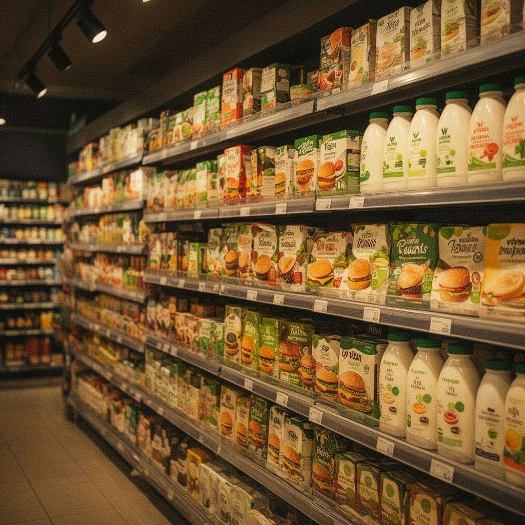 Corredor de supermercado português com produtos veganos variados e iluminação quente.