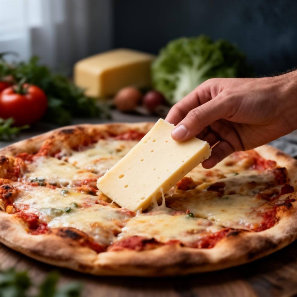 Mão segurando fatia de queijo vegano sobre pizza, com outros produtos ao fundo.