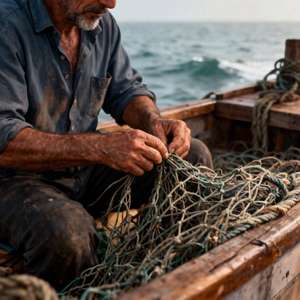 Mãos de pescador português a reparar rede tradicional, com o mar ao fundo