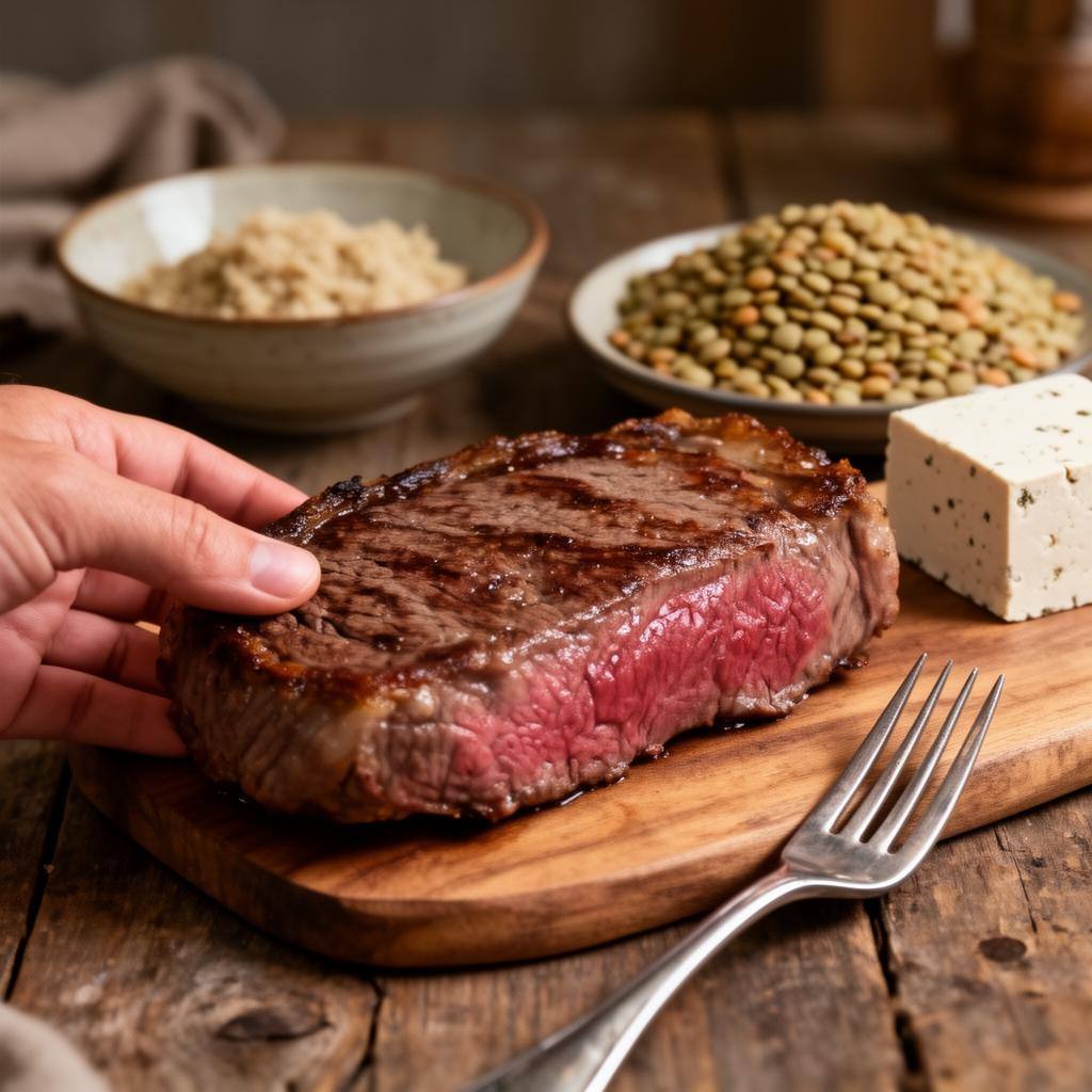 Hand holding beef steak with lentils and tofu blurred in background, symbolizing protein comparison.