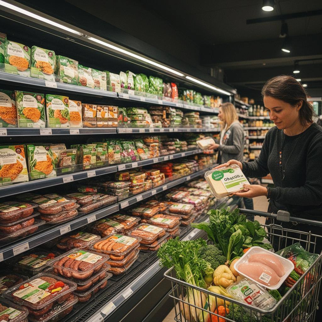 Pflanzenbasiertes Sortiment im Supermarkt mit Fleischalternativen und frischem Gemüse