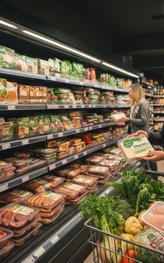 Mulher grávida vegana a preparar uma refeição vegetal numa cozinha portuguesa, com legumes coloridos