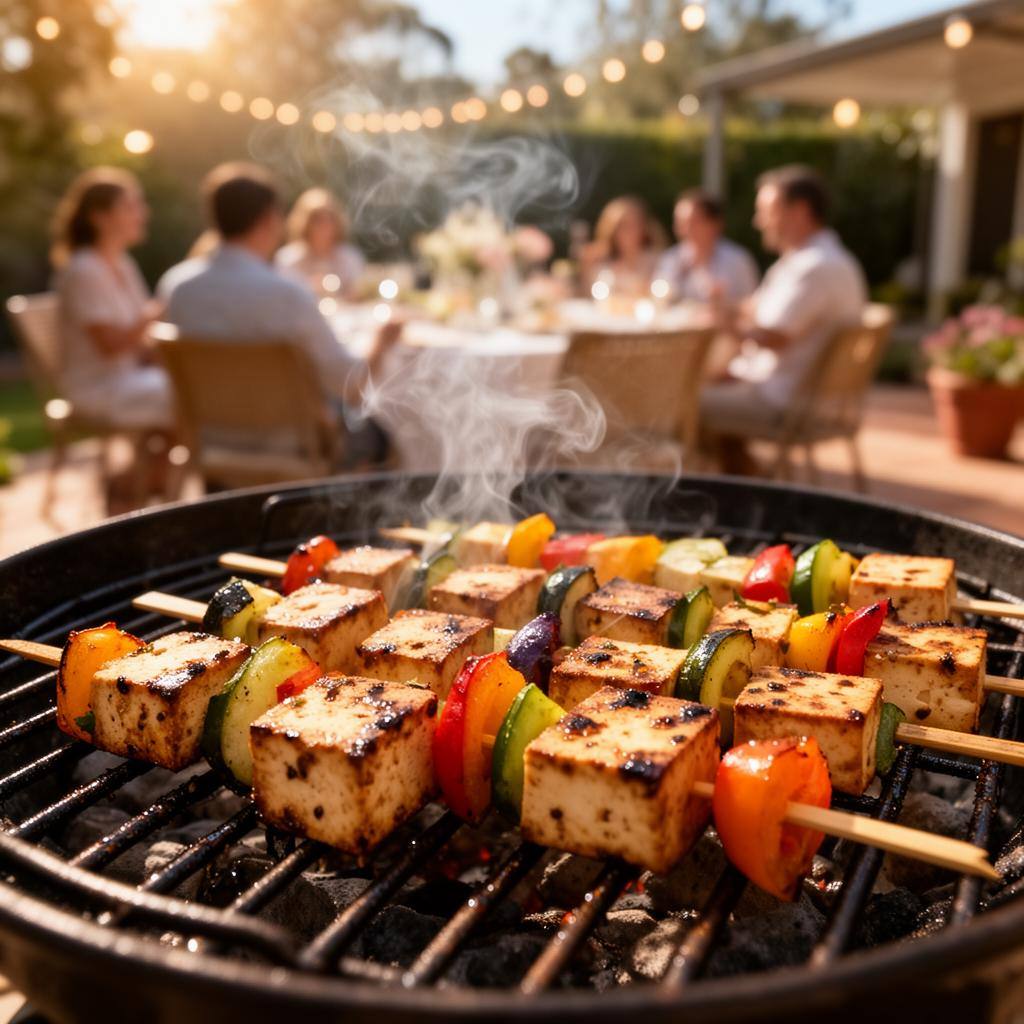 Tofu grelhado e espetinhos de vegetais no GrillMaster durante churrasco vegano
