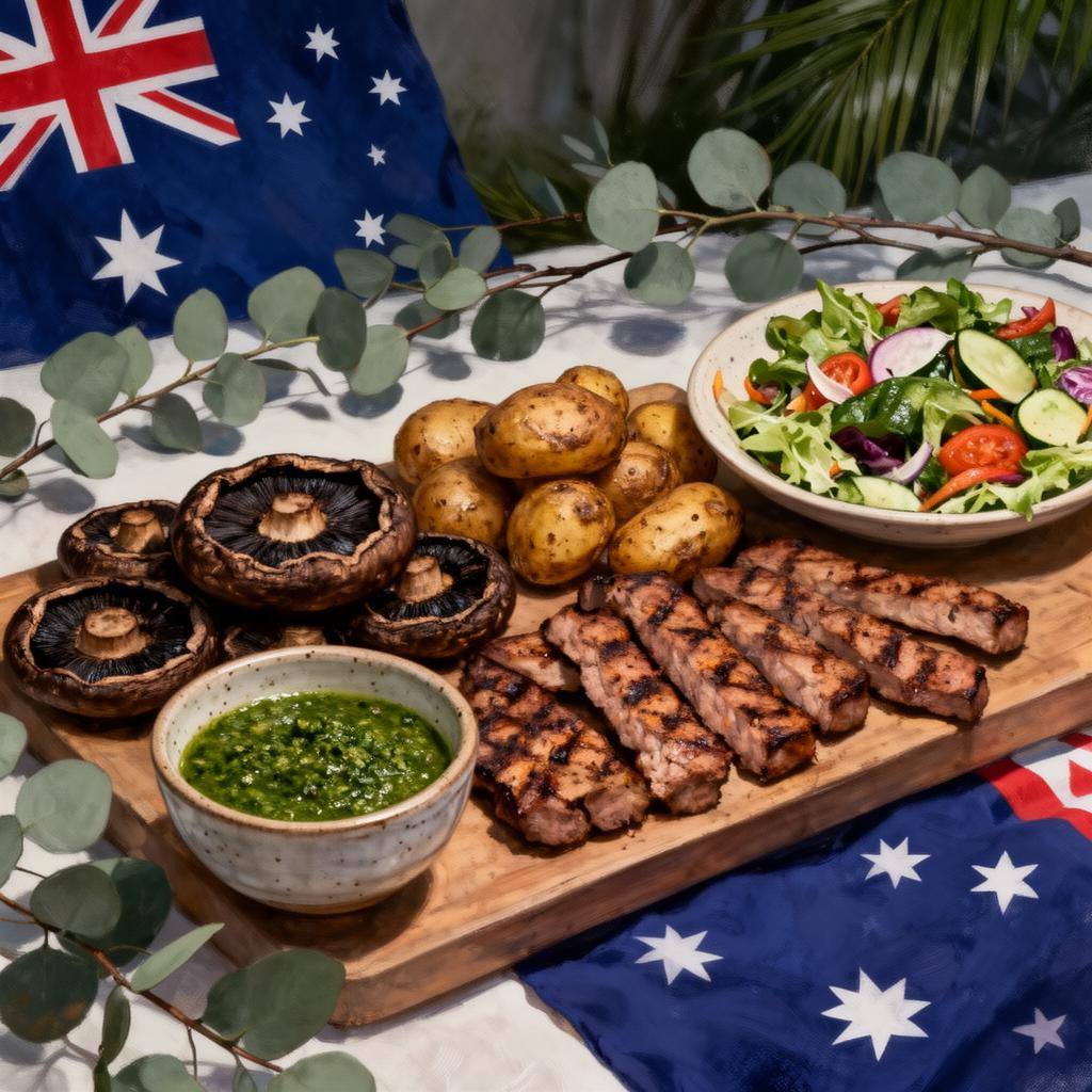 Mesa de churrasco vegano com cogumelos e seitan grelhados e chimichurri