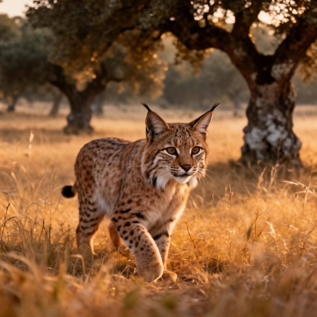 Lince-ibérico agachado em pastagem dourada ao amanhecer, com focagem nos olhos e sobreiros ao fundo.