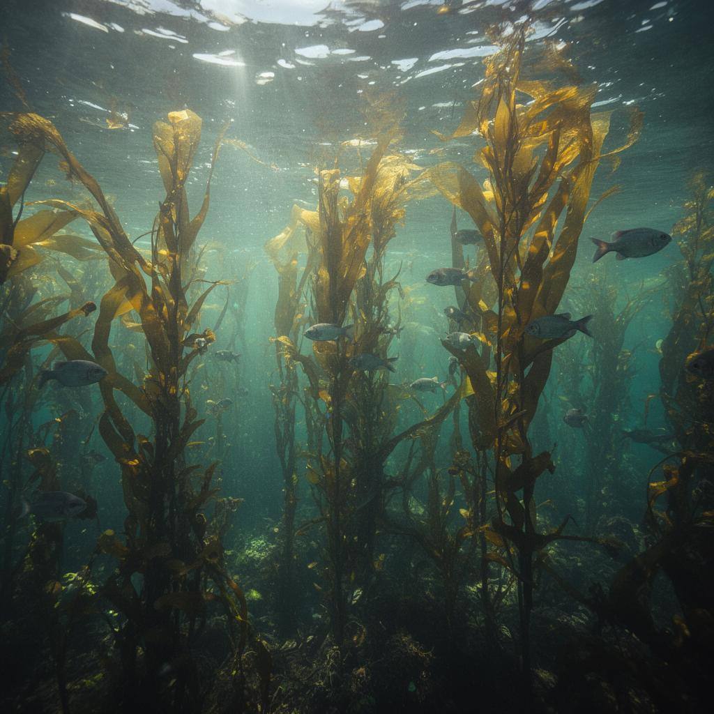海中の海藻養殖の様子、魚が泳ぐ緑豊かな風景