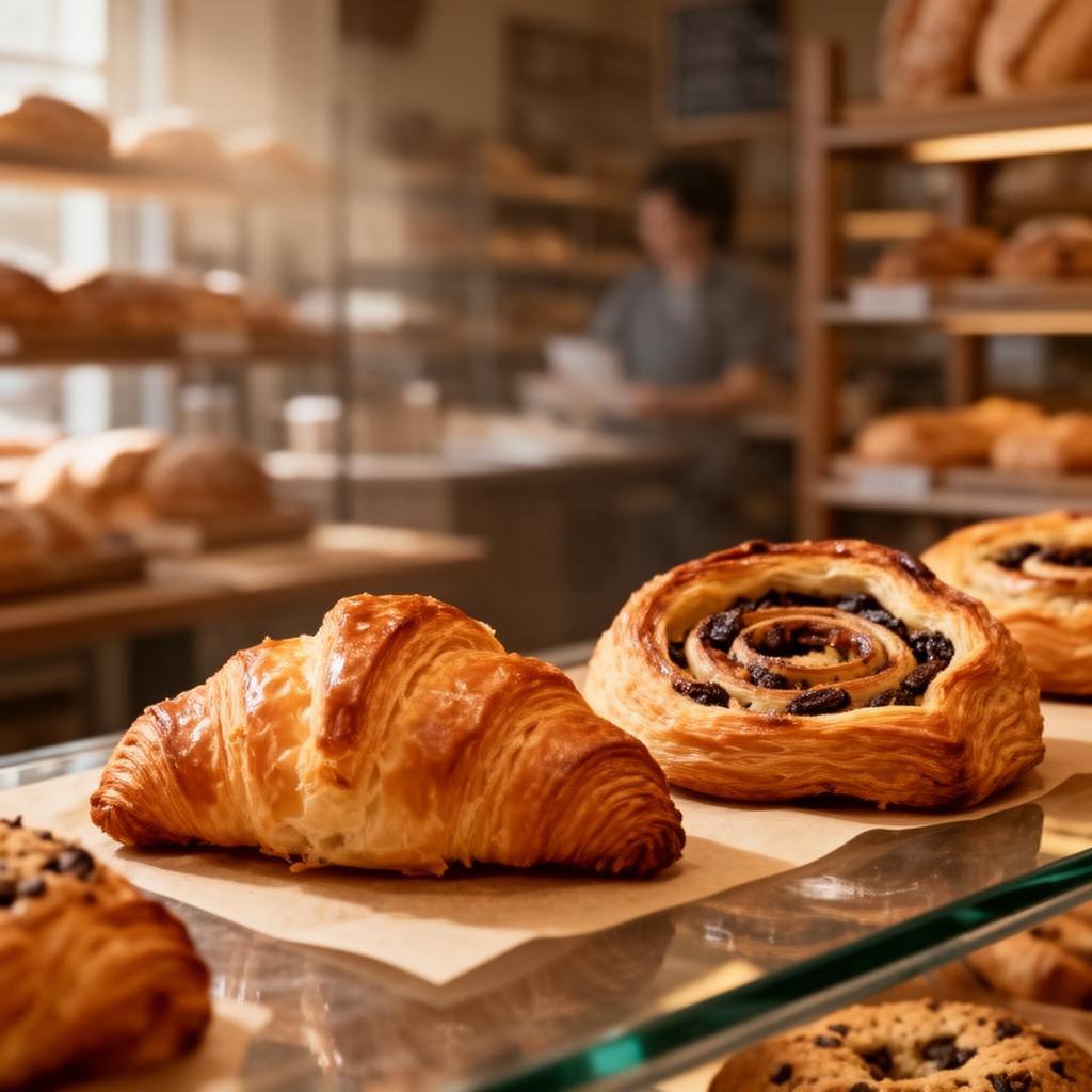 Croissant et pain au chocolat végans dorés sur un comptoir de boulangerie artisanale.