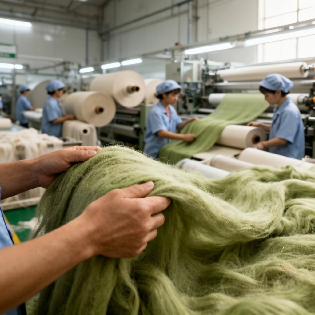 中国纺织工厂中柔软的环保竹纤维面料细节