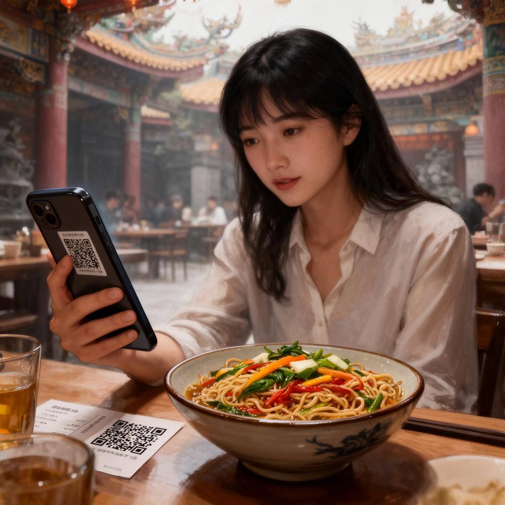 寺庙素食餐厅内景，暖光下摆满精致素菜，僧侣漫步于庭院