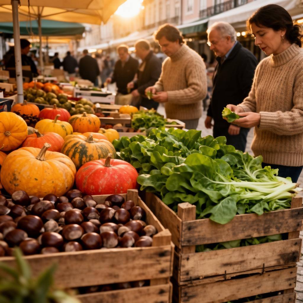 Mercado de outono em Lisboa com abóboras, castanhas e legumes frescos à venda.