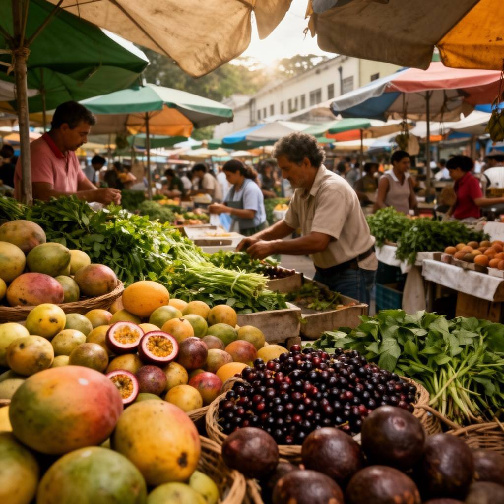Feira livre no Brasil com frutas tropicais como manga, maracujá e açaí em outubro.