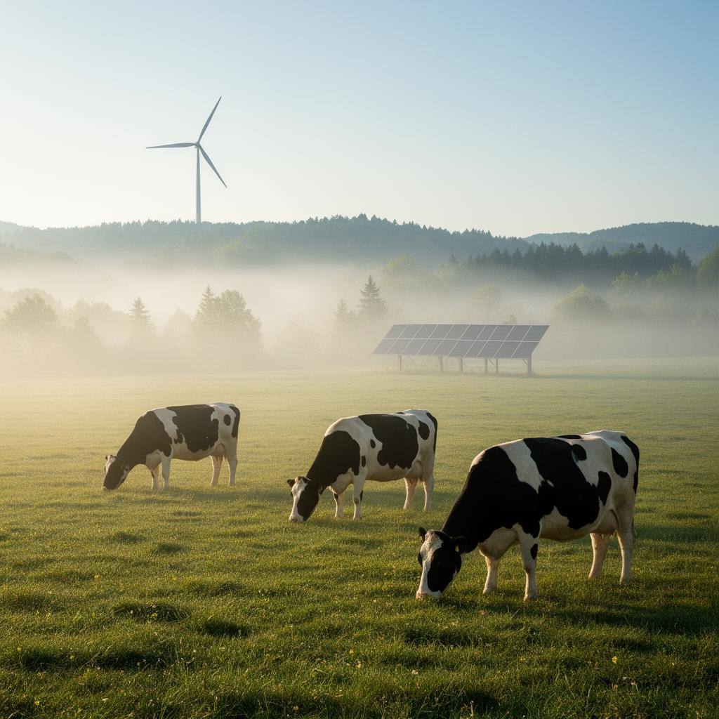 持続可能な牧場の風景。風車と太陽光パネルが遠くに見え、牛が草を食む