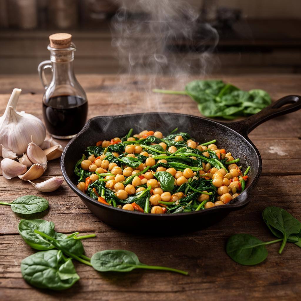 Chickpea and spinach stir-fry in a black wok with garlic and soy sauce on a wooden counter