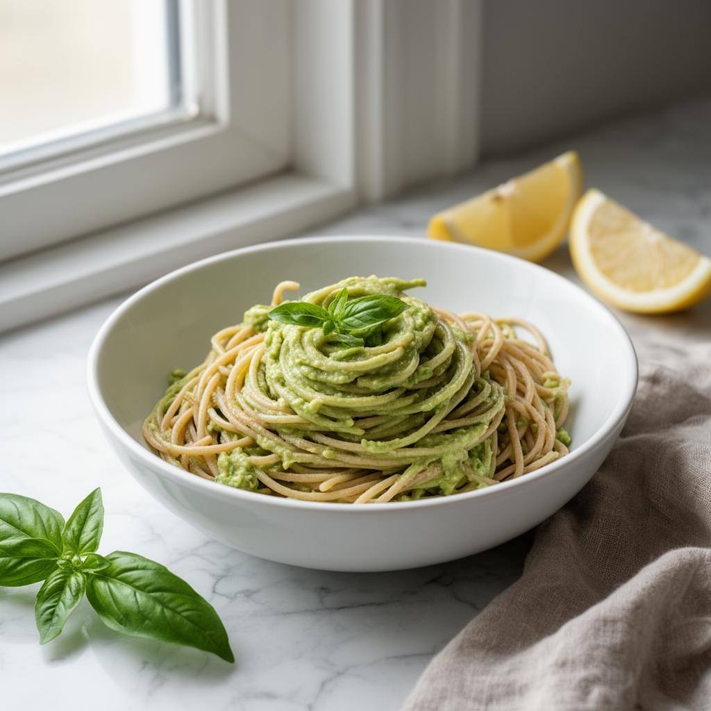Creamy avocado pasta in a white bowl with basil, lemon, and linen napkin on marble