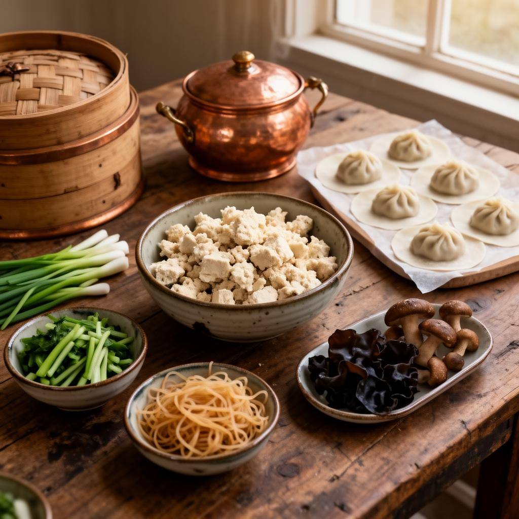 豆腐香菇等素食水饺馅料食材的俯拍图,展现丰富色彩