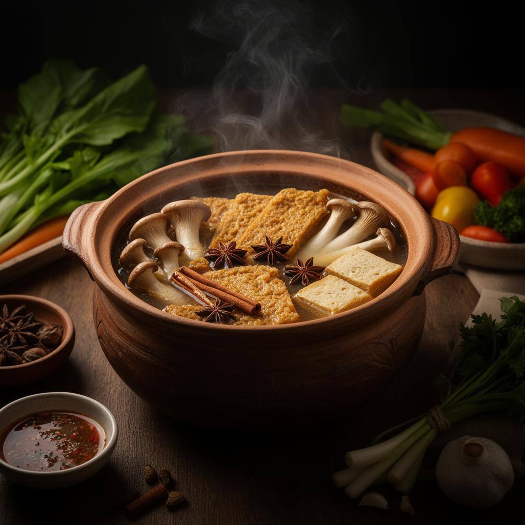 包含烤麸、杏鲍菇和豆腐的素食火锅正在砂锅中炖煮,热气腾腾