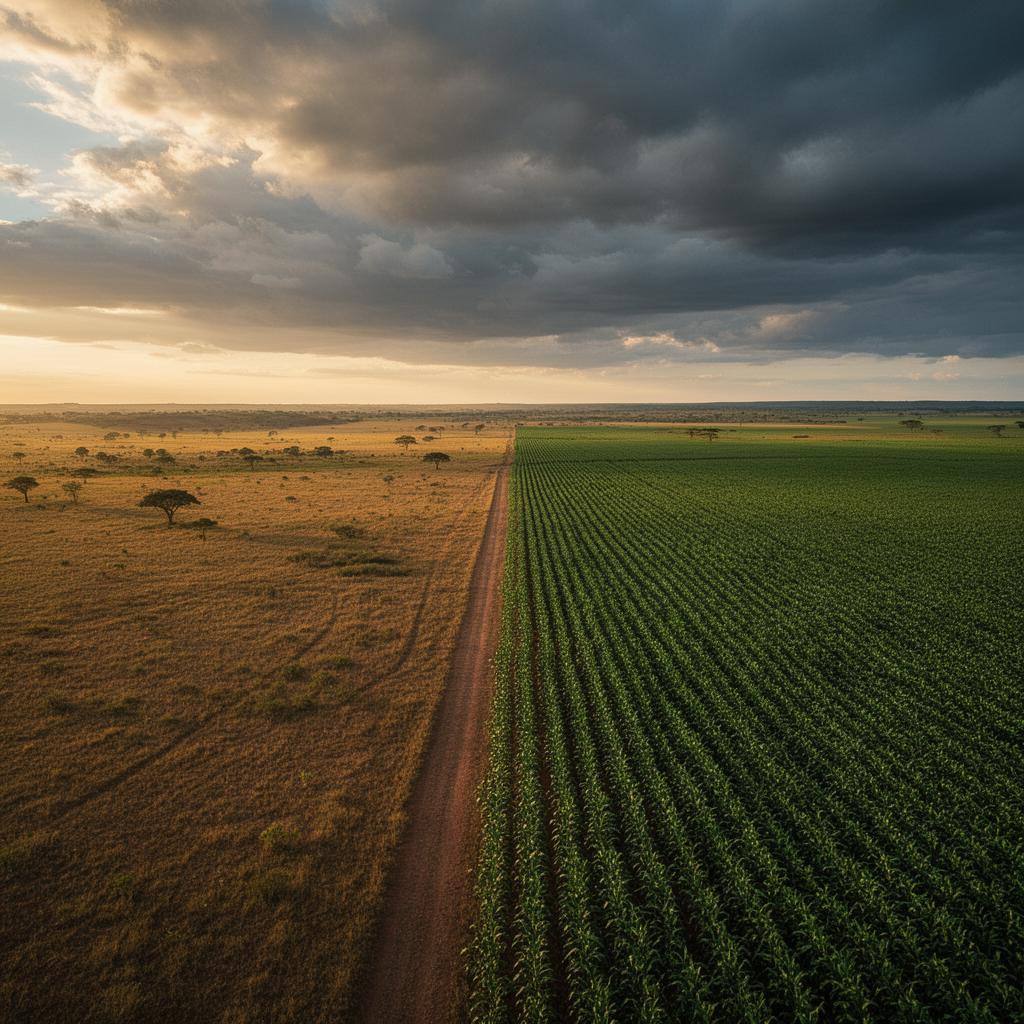 Vista aérea da transição de pastagem degradada para campo de soja no Cerrado brasileiro.