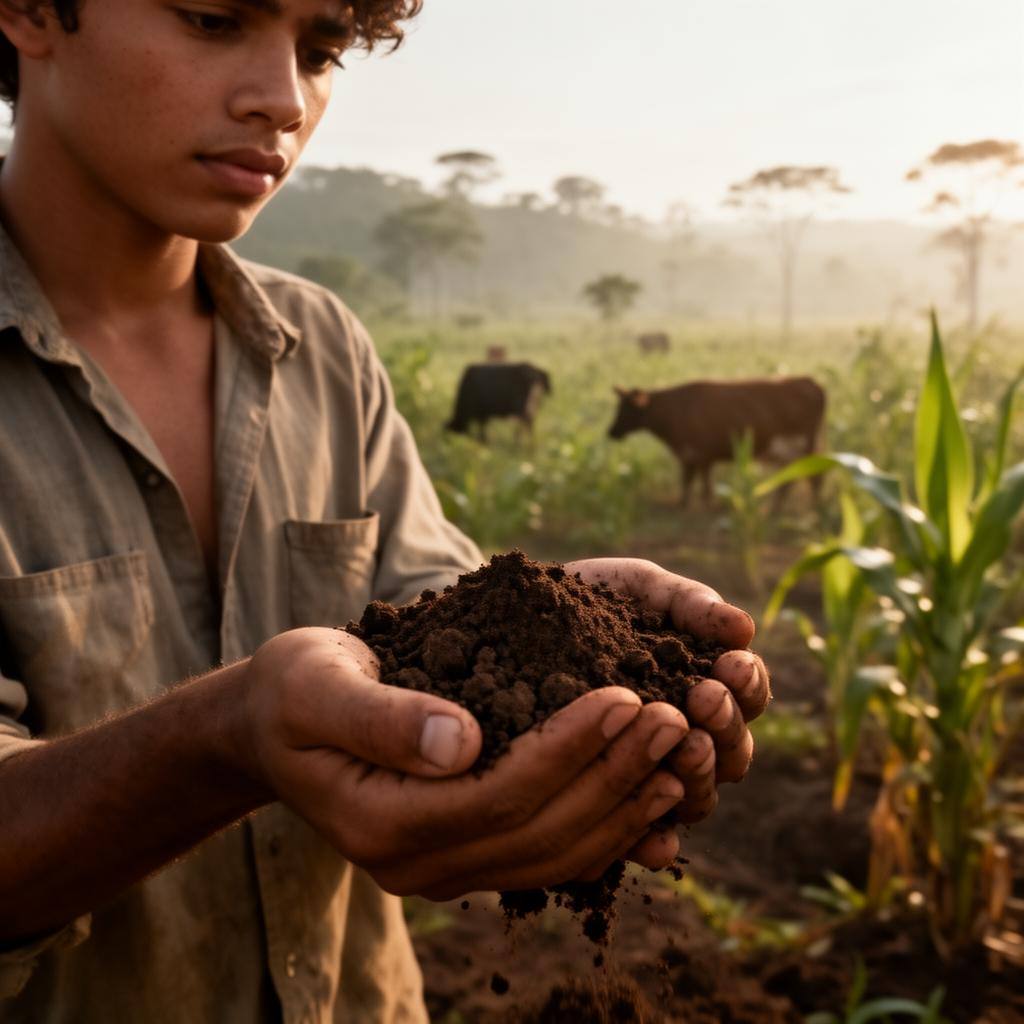 Agricultor segurando solo em área regenerada com sistema integrado lavoura-pecuária ao fundo.