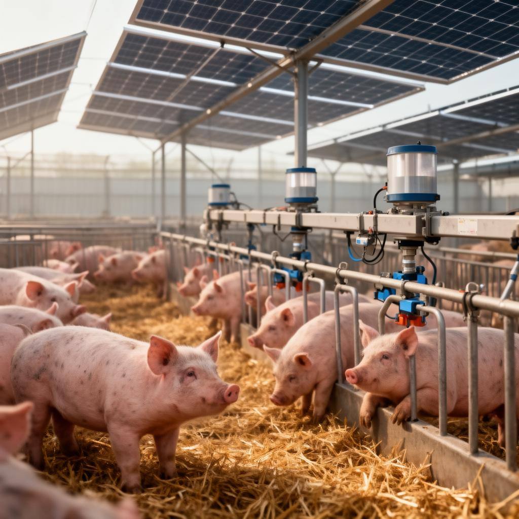 现代可持续养殖场：太阳能板下猪群在稻草垫料上活动，自动化设备可见。