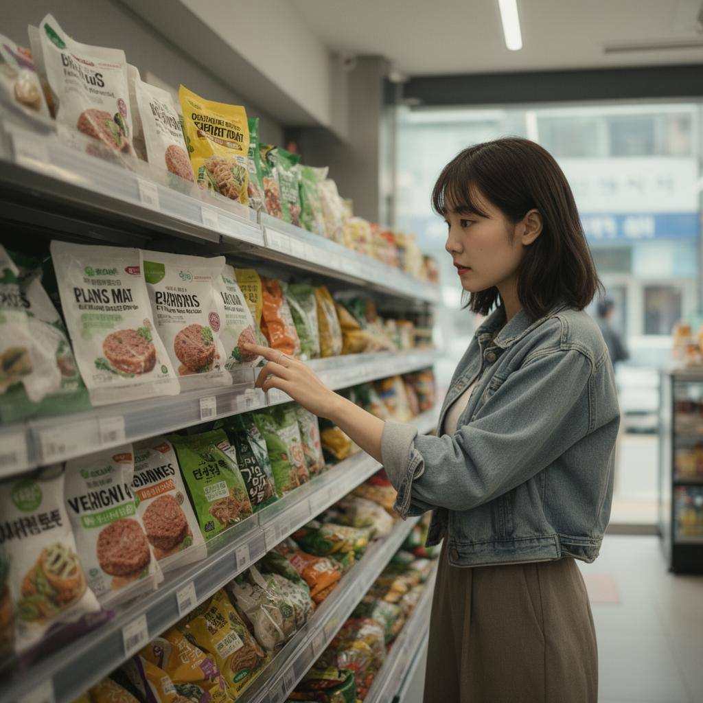 Young woman in Seoul convenience store browsing plant-based meat alternatives.