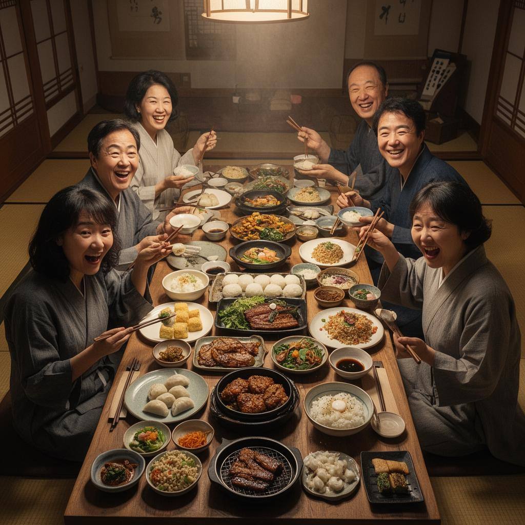 Korean family at Chuseok dinner with plant-based songpyeon and BBQ.