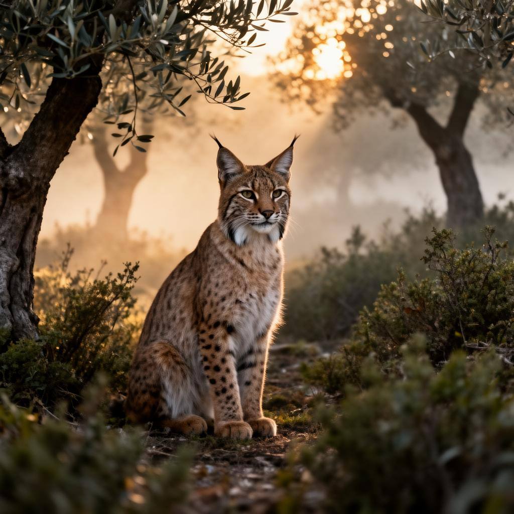 Lince ibérico en un bosque mediterráneo al amanecer, con luz dorada y atmósfera de neblina.