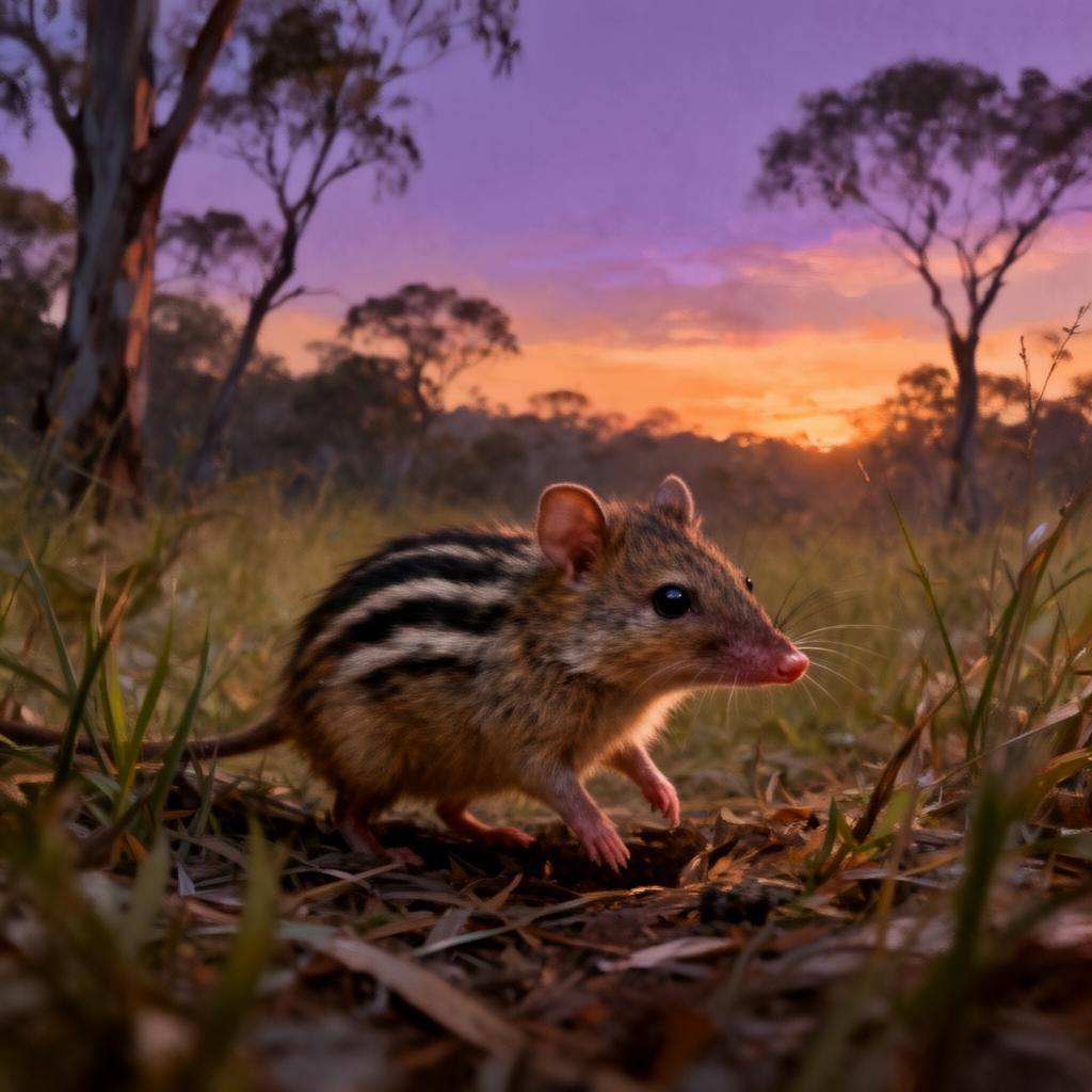 Bandicut de barriga oriental asomándose entre la hierba al atardecer, con cielo violeta y naranja.