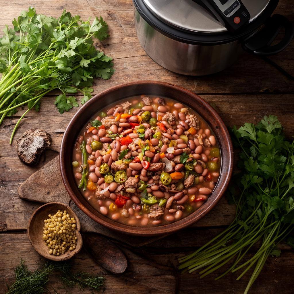Feijoada vegetal portuguesa com feijão, legumes e ervas em mesa rústica.
