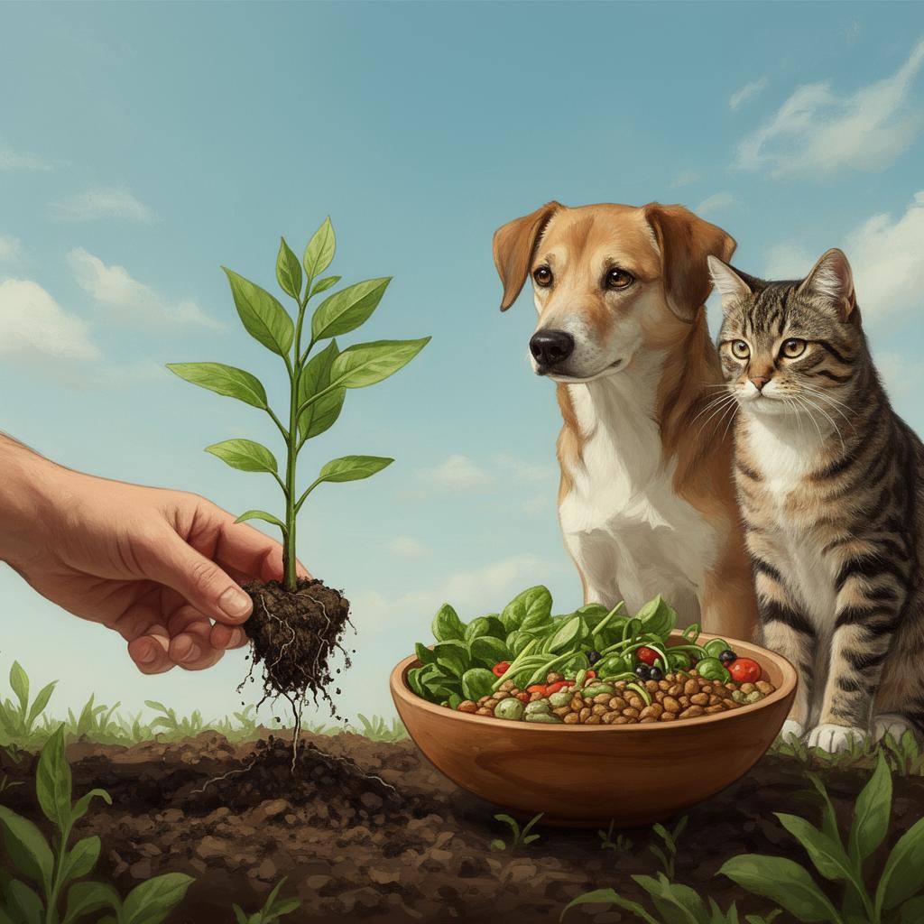 Imagem simbólica de mão plantando muda ao lado de animais e comida vegetal