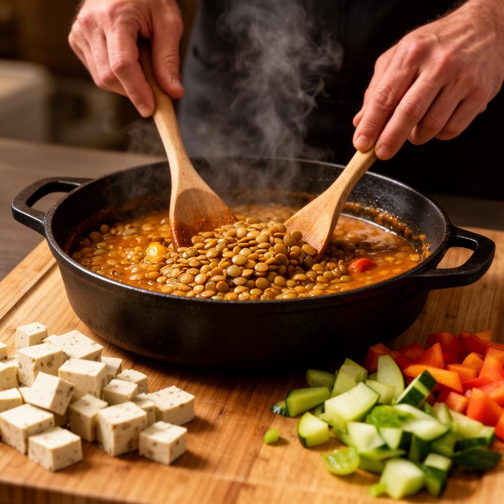 レンズ豆カレーと豆腐を使った時短調理の様子