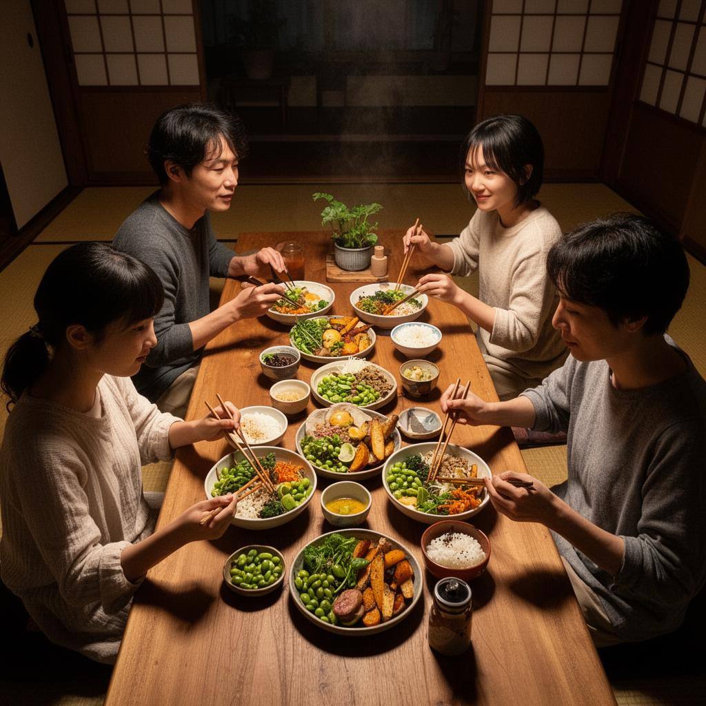 家族団らんで植物由来ミールキットの食事を楽しむ様子、健康的で彩り豊かな食事
