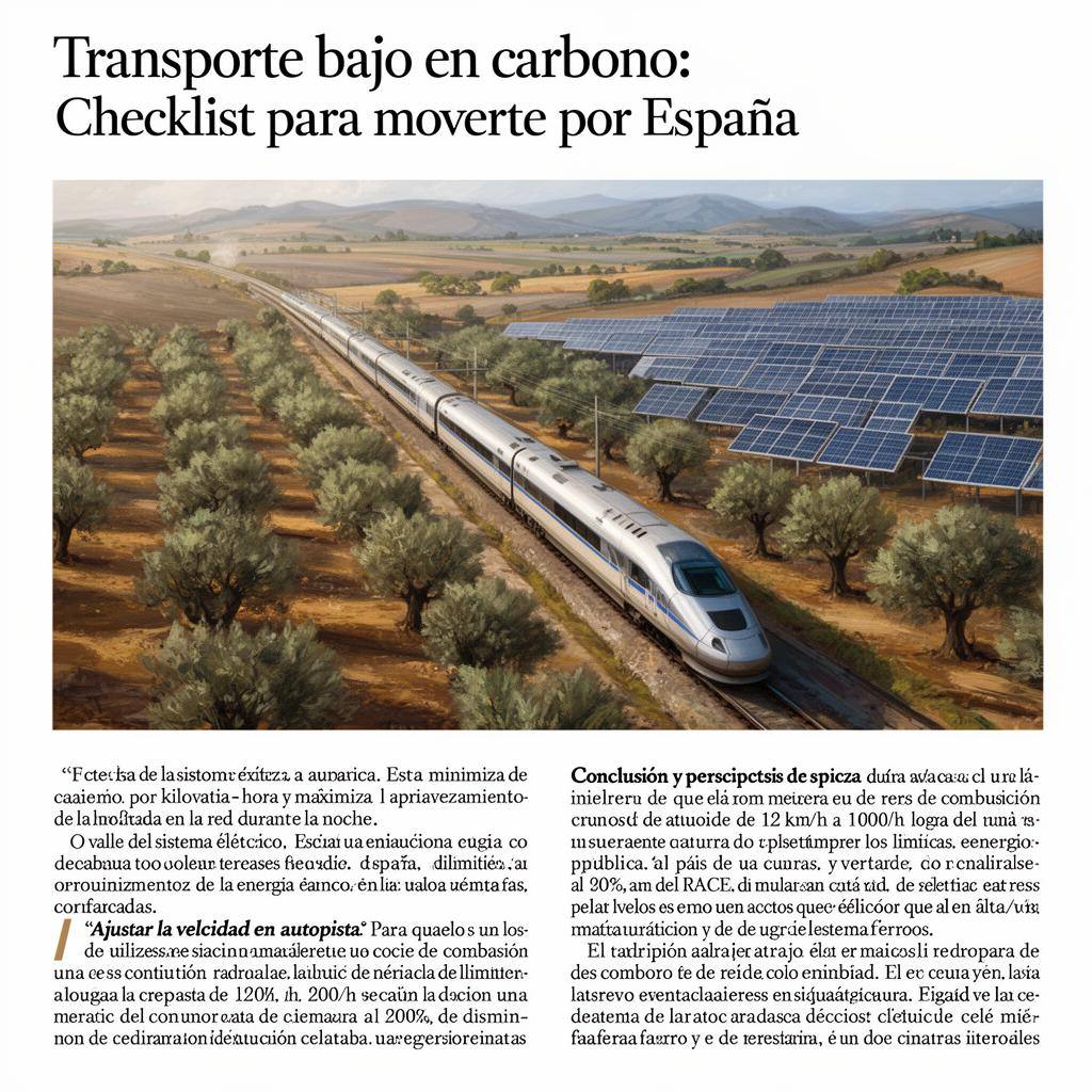 Tren de alta velocidad circulando junto a paneles solares y olivos en un paisaje.